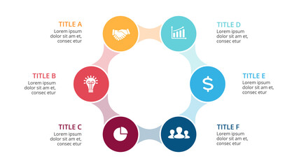 Wall Mural - Vector circle arrows metaball infographic, cycle diagram, graph, presentation chart. Business concept with 6 options, parts, steps, processes. 16x9 slide template.