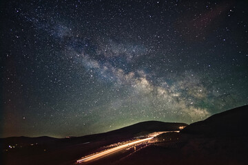 Highway to heavens. Milky Way over road. Portland. Oregon. The United States.