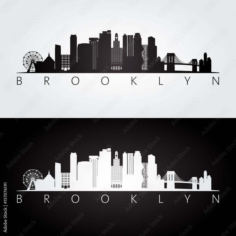 Brooklyn, New York city, USA skyline and landmarks silhouette, black and white design. - obrazy, fototapety, plakaty 