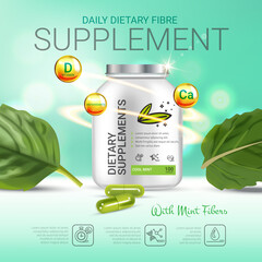 Wall Mural - Cool mint dietary supplement ads. Vector Illustration with honey supplement contained in bottle and mint leaves elements.