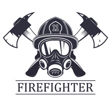 Firefighter . Emblem, Icon, Logo. Fire. Mask Firefighter And Two Axes.  Monochrome Vector Illustration.