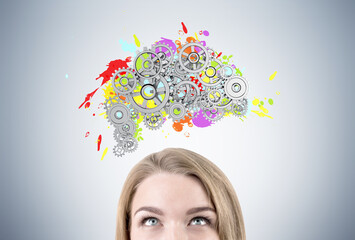 Wall Mural - Blond woman s head and brain with gears