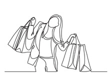 Happy Woman Carrying Shopping Bags - Continuous Line Drawing