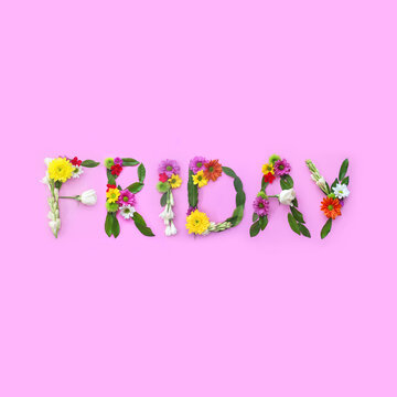 Friday. Floral collage on pink background