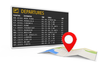 Aufkleber - Air Travel Concept. Folded Abstract Navigation Map with Target Pin near Airport Departures Table. 3d Rendering