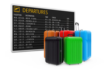 Aufkleber - Air Travel Concept. Large Multicolour Polycarbonate Suitcases near Airport Departures Table. 3d Rendering