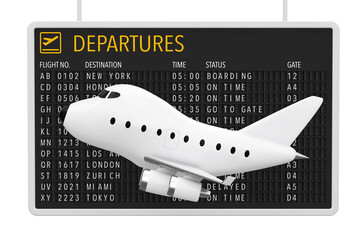 Aufkleber - Air Travel Concept. Red Cartoon Toy Jet Airplane near Airport Departures Table. 3d Rendering
