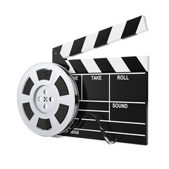 Poster - Film Reel with Cinema Tape near Clapboard. 3d Rendering