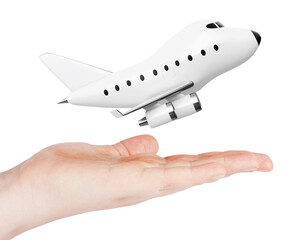 Poster - Cartoon Toy Jet Airplane over Hand. 3d Rendering