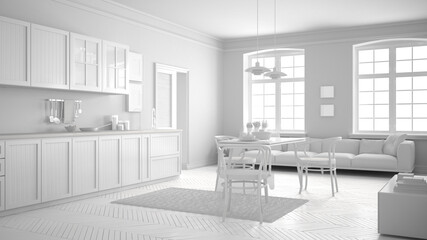 Wall Mural - Total white scandinavian kitchen, minimalist interior design