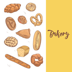 Wall Mural - Fresh Bread. Hand Drawn Bakery Design with Loaf and Buns. Vector illustration