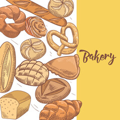 Wall Mural - Fresh Bread. Hand Drawn Bakery Design with Loaf and Buns. Vector illustration