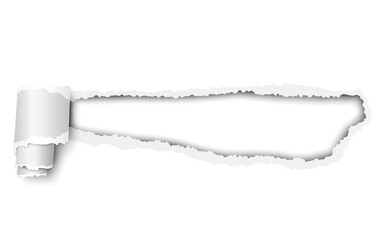 Wall Mural - Vector torn white sheet of paper with soft shadow, paper curl and white background in the resulting hole. Template design.