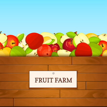 Wooden Box With Apple Fruits. Vector Card Illustration