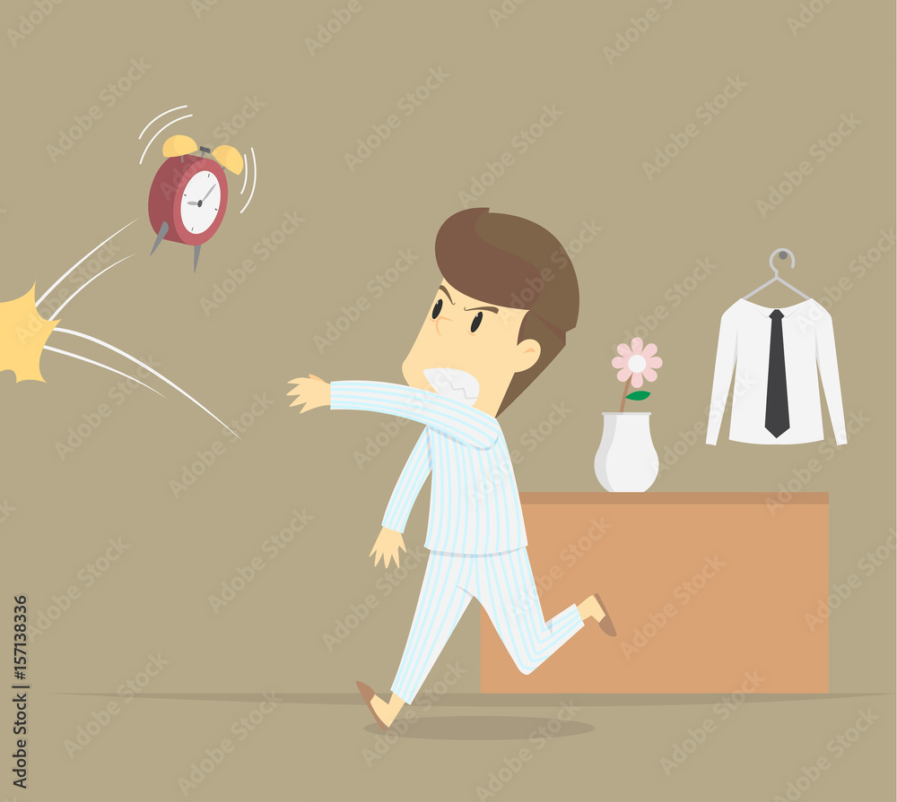 businessman angry hurl the alarm clock at wake up with laziness Stock  Vector | Adobe Stock, image size:1000x895