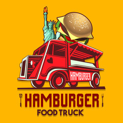 Food truck logotype for usa us american hamburger burger restaurant fast delivery service or food festival. Truck van with hamburger advertise ads vector logo