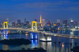 Fototapeta  - Tokyo skyscraper at night with rainbow bridge.