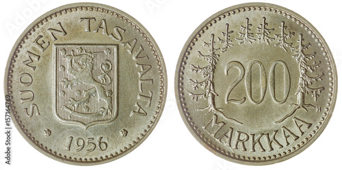 Fotografie, Obraz 200 markkaa 1956 coin isolated on white background, Finland