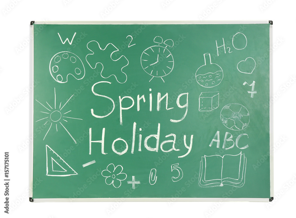 Drawings and "SPRING HOLIDAY" text on chalkboard, white background
