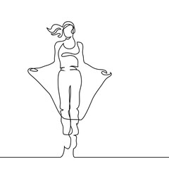 Wall Mural - Continuous line drawing. Happy jumping woman on white background. Vector illustration.