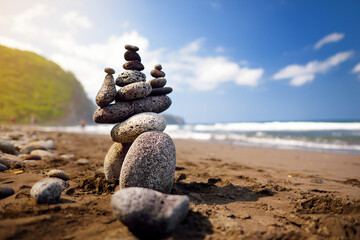 Poster - Stack of stones balanced on rocky beach of Pololu Valley, Big Island, Hawaii