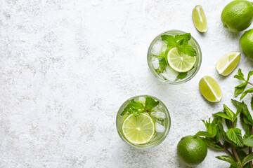 Mojito cocktail alcohol bar long drink traditional fresh tropical beverage top view copy space two highball glass