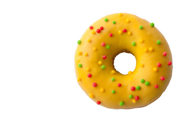 Wall Mural - Yellow Donut with red, green polka dots isolated on a white background. National Doughnut Day. Snacks. Fried dough confectionery. Dessert food.