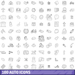 Sticker - 100 auto icons set, outline style