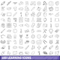 Poster - 100 learning icons set, outline style
