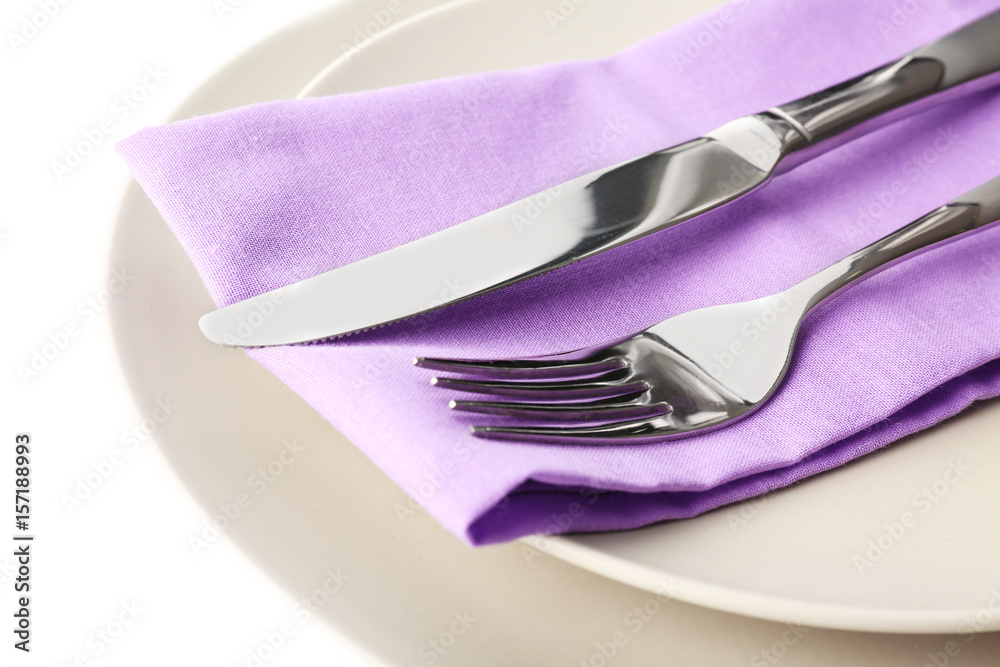 Beautiful festive table setting with lilac flower decor on white background, closeup