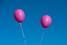Two Pink Balloons Fly On Blue Sky Background, Copy Space
