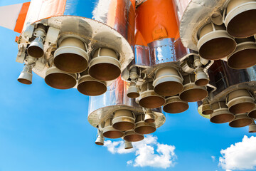 Wall Mural - space rocket engines of the russian spacecraft over blue sky background