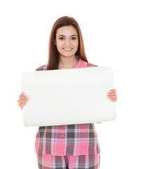 Wall Mural - Young beautiful woman with orthopedic pillow on white background. Healthy posture concept