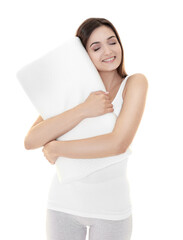 Wall Mural - Young beautiful woman with orthopedic pillow on white background. Healthy posture concept