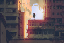 The Mystic Girl Stands On A Rooftop Of An Old Building With Digital Art Style, Illustration Painting
