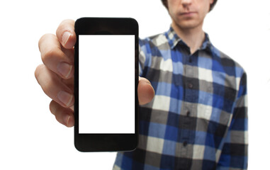 man showing smartphone with white blank screen isolated on white background