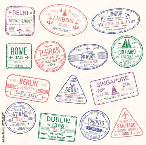 Fotografía Passport stamp, travel visa sign icon set