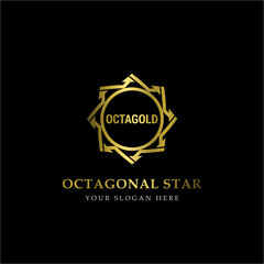 Wall Mural - Gold Octagonal Star Logo Vector in elegant Style with Black Background