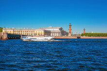 The Hydrofoil Boat Sails Along The Neva River In St. Petersburg, Russia