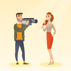 Poster - TV reporter and operator vector illustration.