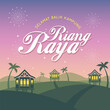 Hari Raya Aidilfitri greeting card template. Vector traditional malay wooden houses with nightfall landscape background and fireworks. (translation: Happy Fasting Day ; return hometown safely)