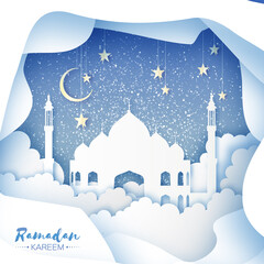 Ramadan Kareem. Arabic White Origami Mosque. Paper cut Desert Cave Landscape. Clouds and hanging stars. Night sky. Holy month of muslim. Symbol of Islam. Crescent Moon. Vector