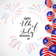 Happy independence day of USA (United States of America) 4 Fourth of July celebration banner, greeting card design with balloons, fireworks,confetti, ribbon. USA freedom background. USA. Liberty.