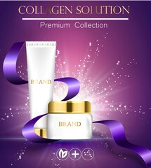 Wall Mural - essense and a cream for skin care template. 3d vector realistic illustration. Collagen solution .The satin ribbon is developing. The design of cosmetic products.