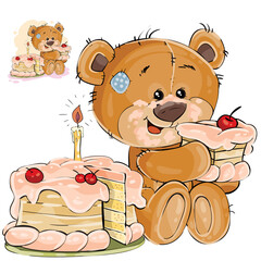 Vector illustration of a brown teddy bear sweet tooth eating a piece of birthday cake. Print, template, design element