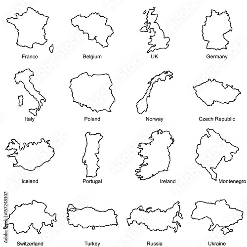 Set of European countries maps outline vector icon. France, Belgium, UK