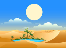 Desert Oasis Background. Egypt Hot Dunes With Palm Trees, Bedouin And Camels Vector Illustration