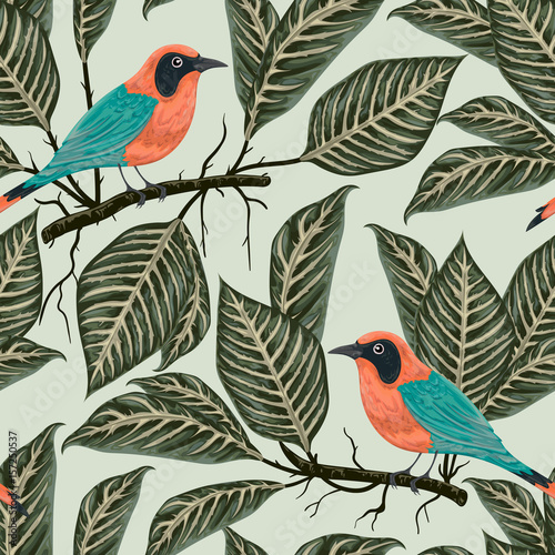 Cotton fabric Seamless pattern with tropical birds and plants. Exotic flora and fauna. Vintage hand drawn vector illustration in watercolor style