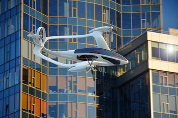 Wall Mural - Pesonal Air Vehicle Flying Above The Cityscape, Flying Car Of The Future 3d Concept, Futuristic Vehicle In The City, Air Car Concept - 3D Rendering