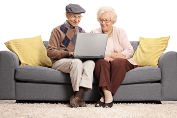 Poster - Seniors sitting on a sofa and using a laptop